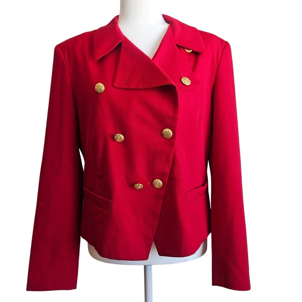 Vintage KGR‎ Wool Blazer Red Size 10 Gold Button Double Breasted Military